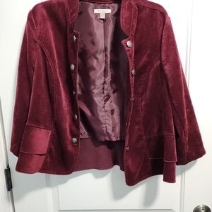 Roz& Ali Maroon Corduroy Jacket 2 tier ruffle on bottom sz L